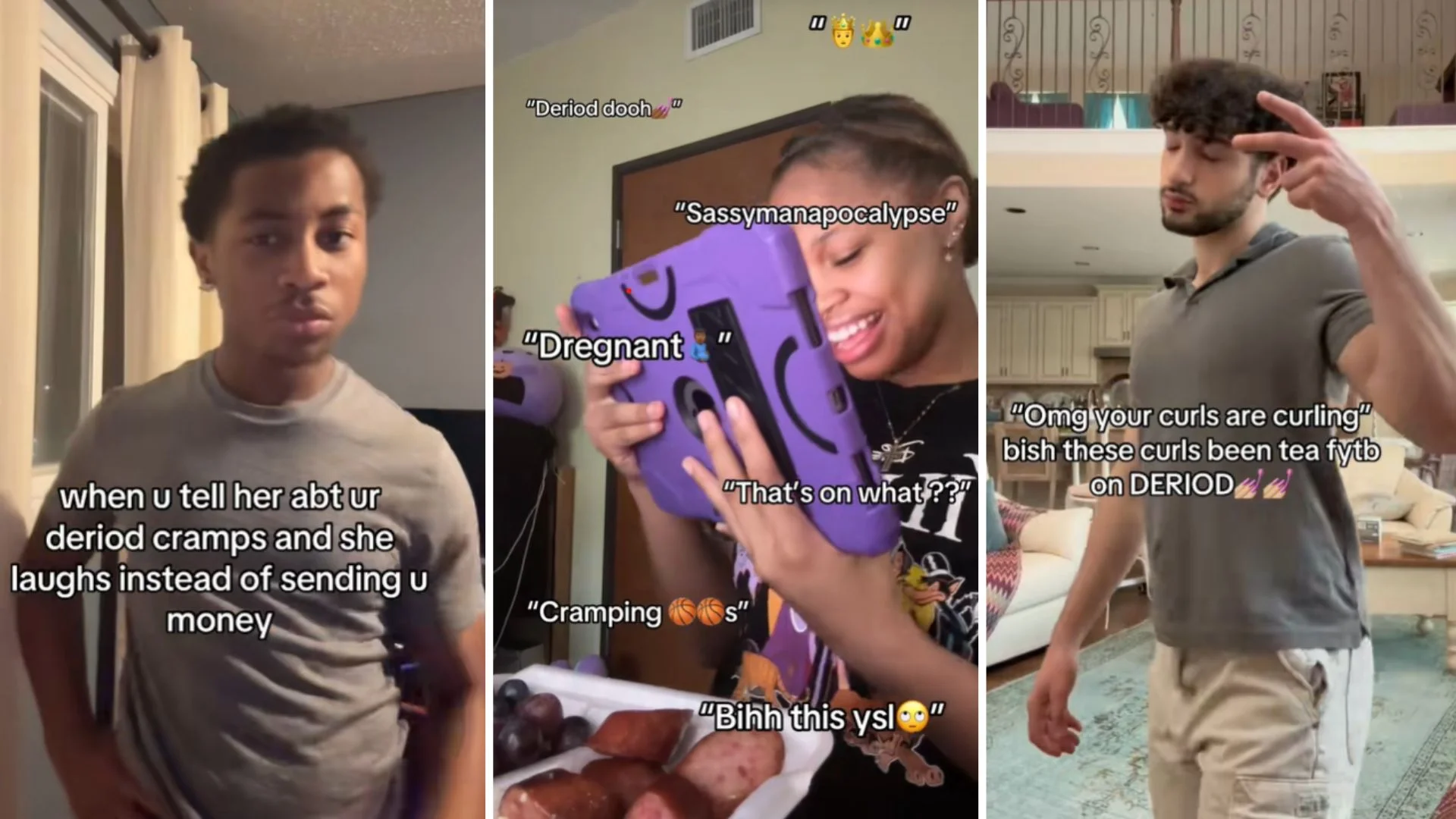 Deriod (Slang) — Three-panel TikTok collage showing people using deriod slang terms with on-screen captions