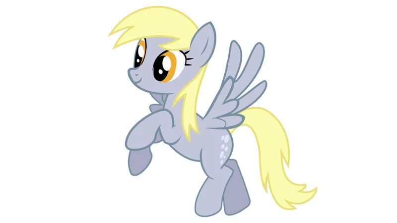 High-quality character design of Derpy Hooves, gray pegasus with extended wings and distinctive yellow mane and tail.