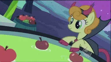 Derpy Hooves — Scene from My Little Pony episode showing yellow-maned pony in unusual inverted or ceiling perspective position.