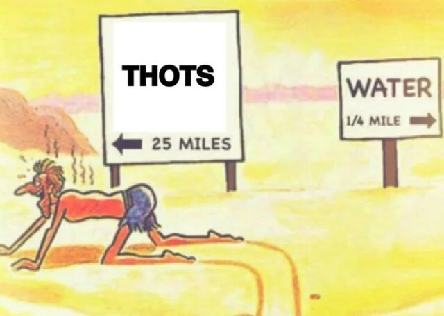 Desert Dilemma meme edit with signs reading 'THOTS 25 miles' and 'WATER 1/4 mile'.