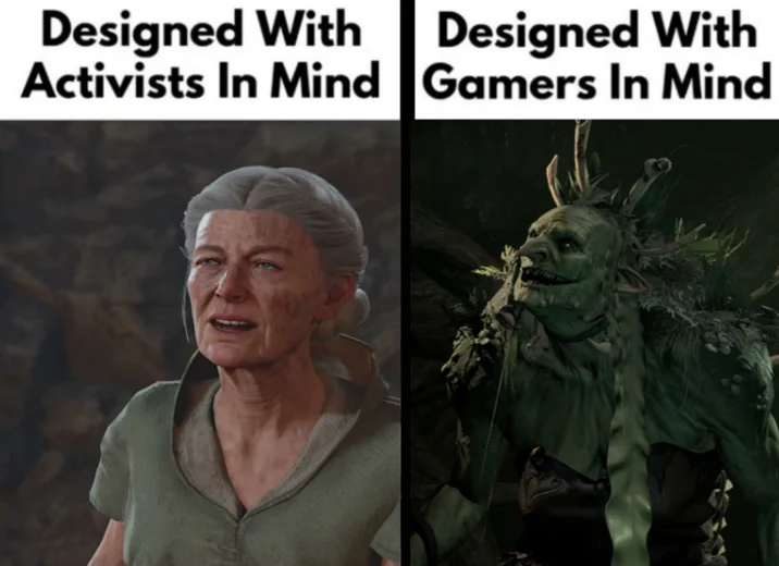 Designed With Gamers In Mind Vs Designed With Activists In Mind — A version of the "designed with gamers vs. activists in mind" meme. The meme is about Auntie