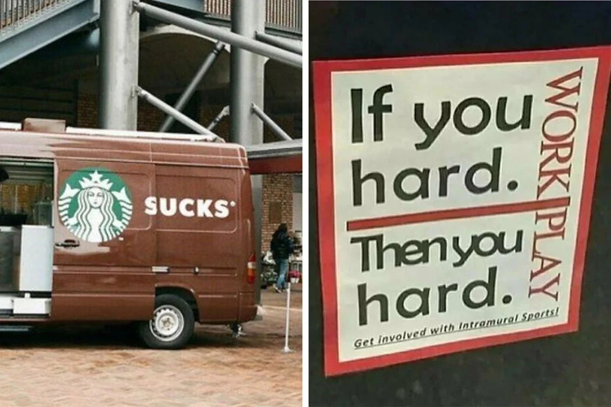 Designer Knockoff — Side-by-side comparison of failed design parodies including poorly executed Starbucks truck with 'sucks' branding and amateurish sign.