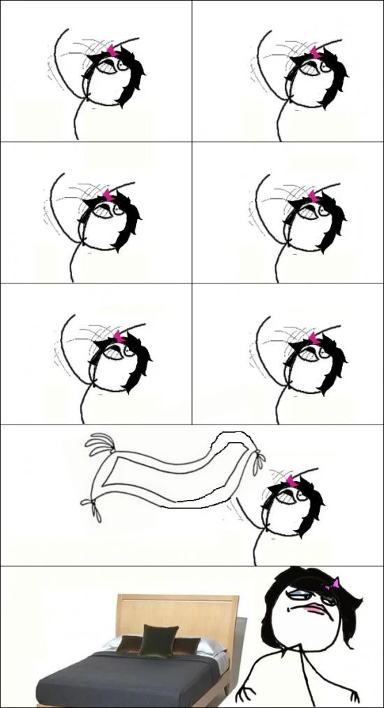 Desk Flip — Rage comic of a girl frustrated with a bedsheet ending in a mattress flip