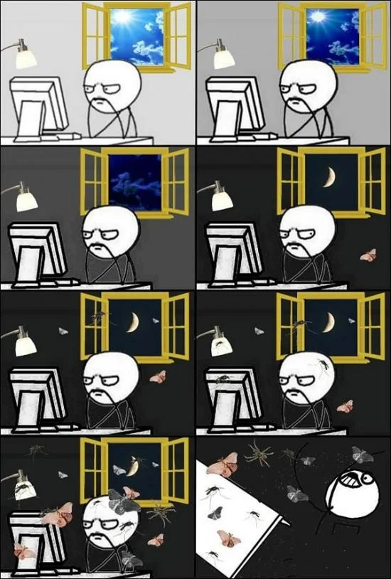 Desk Flip — Rage comic about opening a window and being swarmed by bugs before flipping the desk