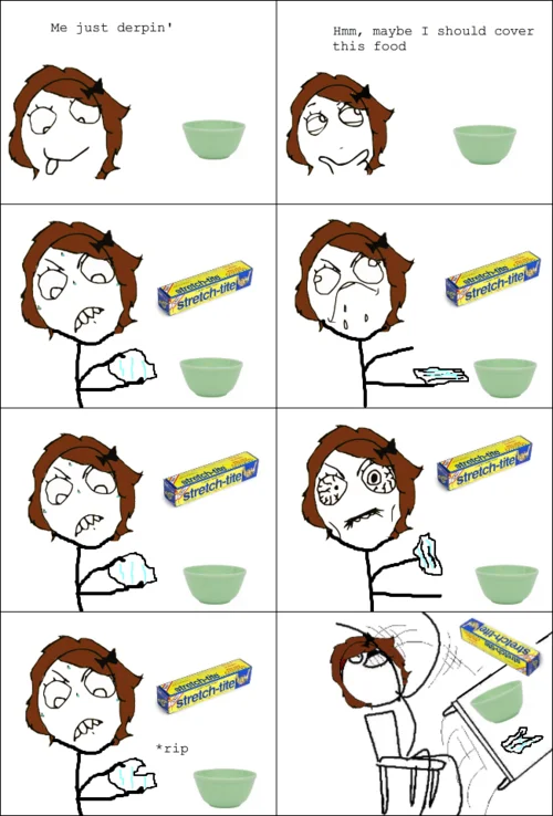 Desk Flip — Rage comic about struggling with plastic cling wrap and flipping the desk