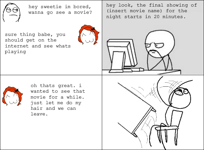 Rage comic four-panel about missing a movie ending with desk flip