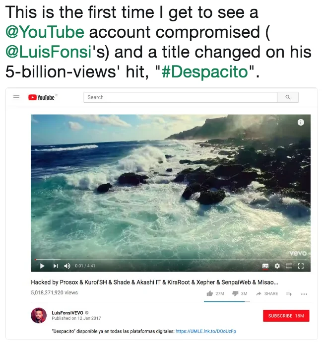 Tweet screenshot showing the hacked Despacito YouTube video with a changed title and ocean thumbnail