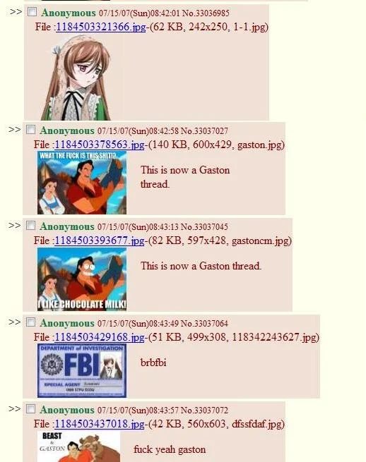Desu — 4chan thread screenshot from 2007 with a Suiseiseki post derailed into Gaston replies