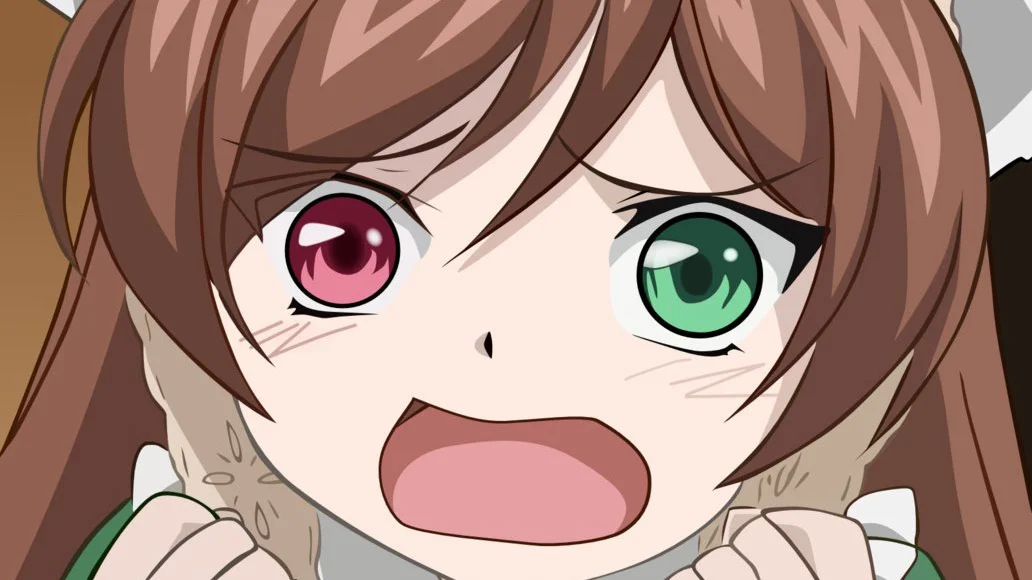 Desu — Close-up of Suiseiseki from Rozen Maiden with heterochromatic red and green eyes shouting