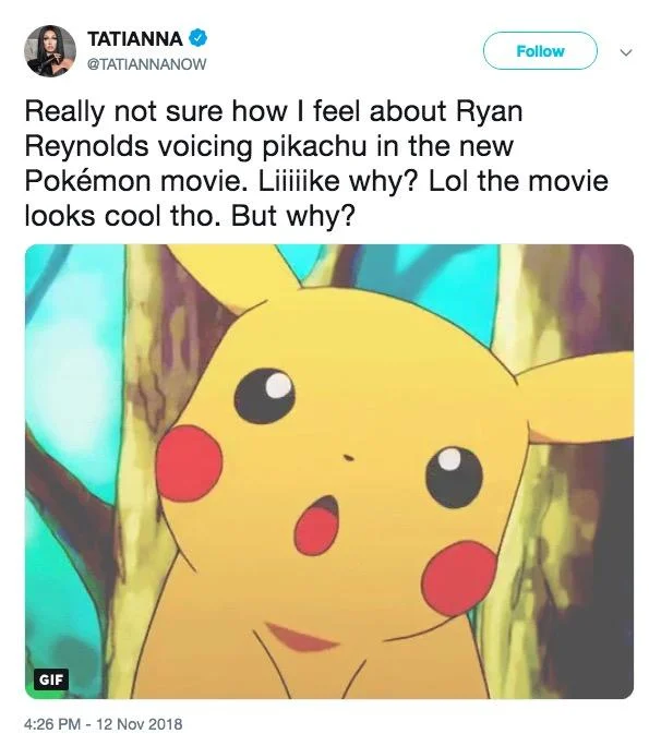 Pokémon: Detective Pikachu (2019 Film) — Tweet questioning Ryan Reynolds casting as Pikachu with a Surprised Pikachu GIF