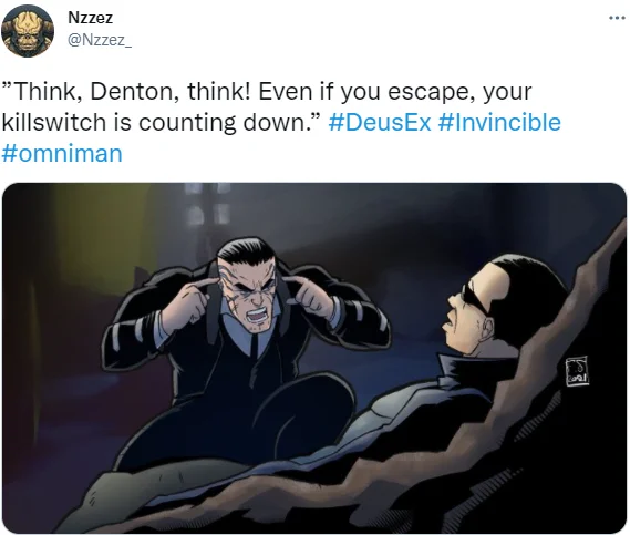 Tweet combining a Deus Ex quote with a scene of Omni-Man yelling at Invincible
