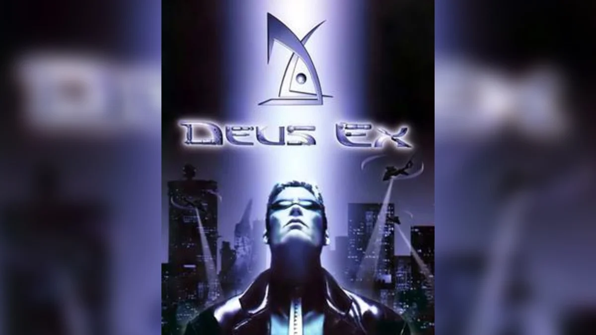 Deus Ex 2000 original video game cover art with JC Denton and logo over a city skyline