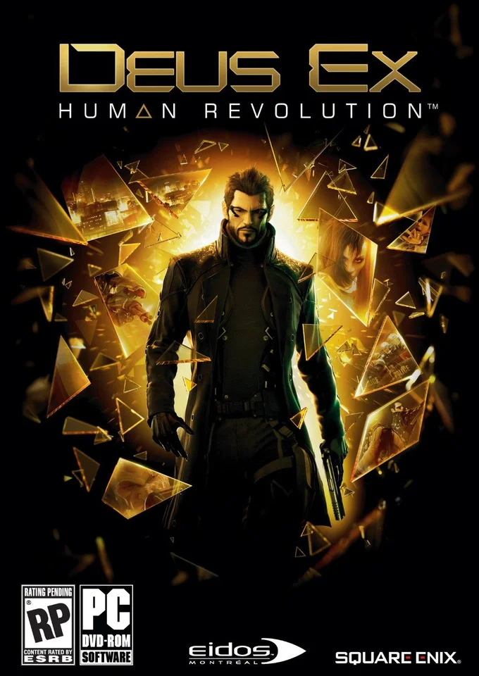 Deus Ex Human Revolution cover art featuring Adam Jensen with shattered glass