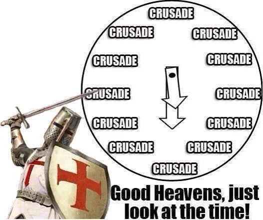 Deus Vult — Crusader knight beside a clock reading 'Crusade' in place of every number