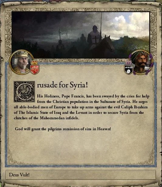Crusader Kings II style event window with a modern Syria crusade call and Deus Vult option