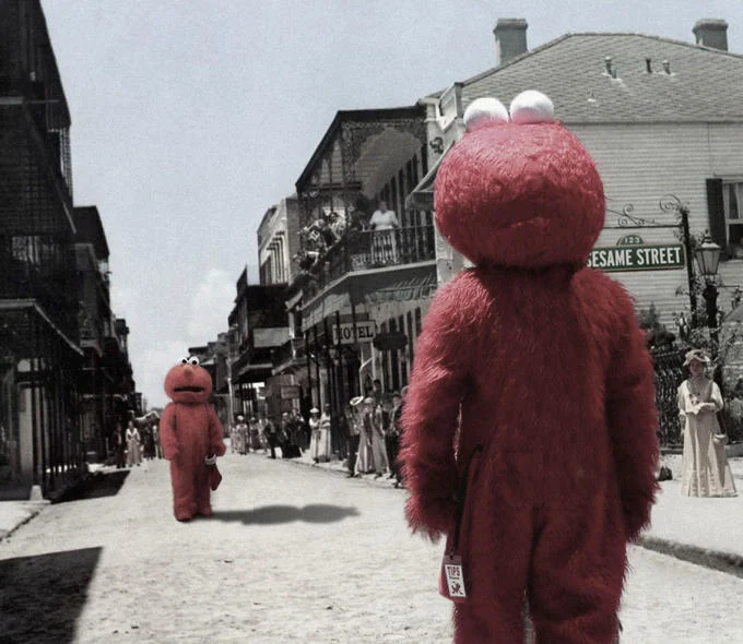 Devastated Elmo — Sad Elmo photoshopped into a vintage Sesame Street scene