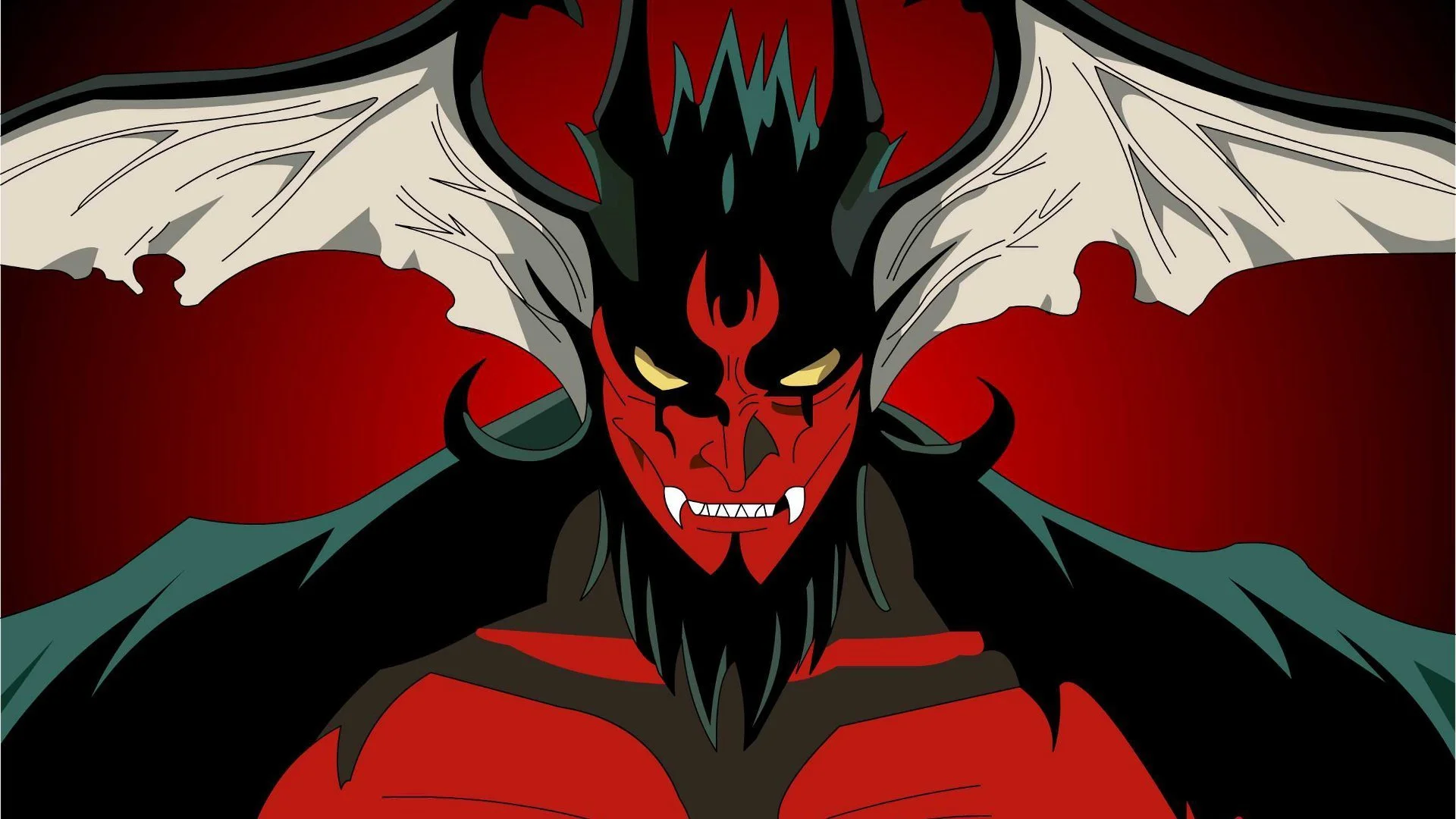 Devilman anime character with red skin, black horns, yellow eyes, and white bat wings