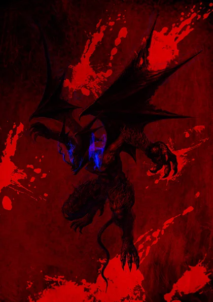 Silhouette of Devilman with wings and glowing blue eyes against a bloody red background