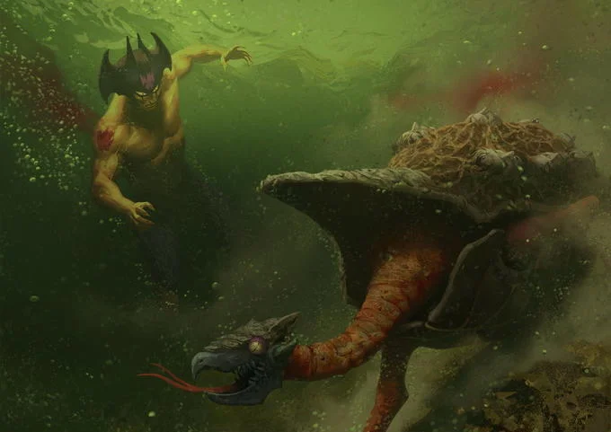 Devilman underwater fighting a tentacled sea demon in green murky water