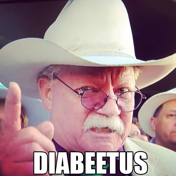 Wilford Brimley in cowboy hat pointing finger with DIABEETUS caption