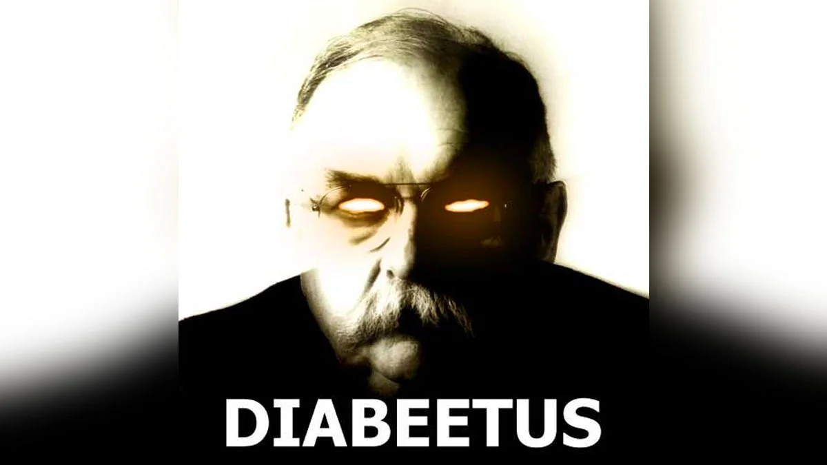 Dark stylized image of Wilford Brimley with glowing eyes and DIABEETUS caption
