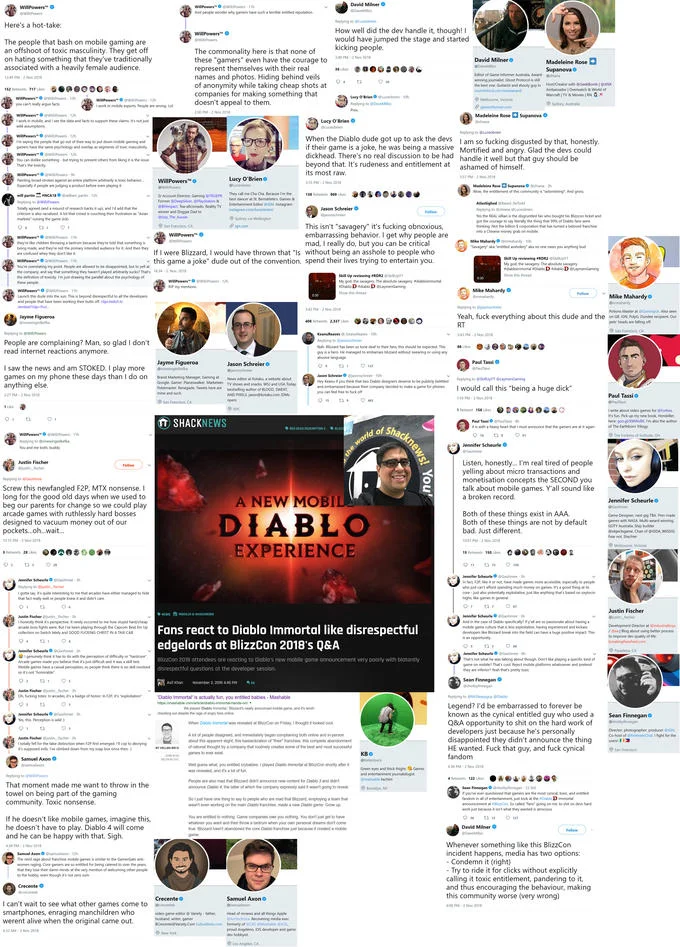 Collage of Twitter reactions and news headlines about the Diablo Immortal BlizzCon 2018 backlash