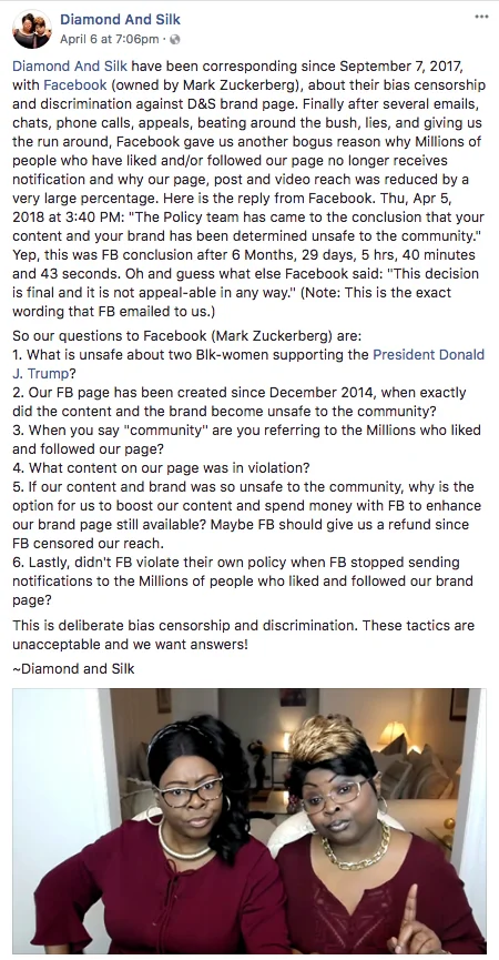 Diamond and Silk Facebook post about censorship dispute with Facebook