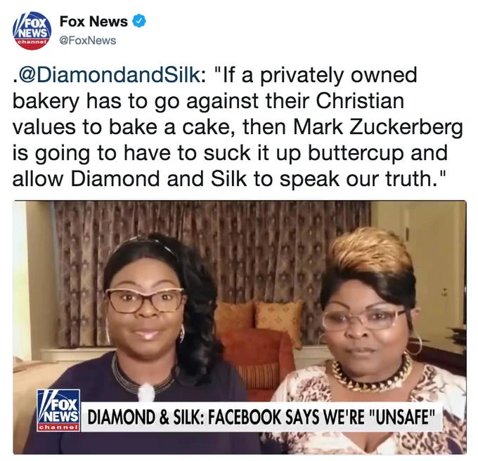 Fox News tweet quoting Diamond and Silk about Facebook labeling them unsafe