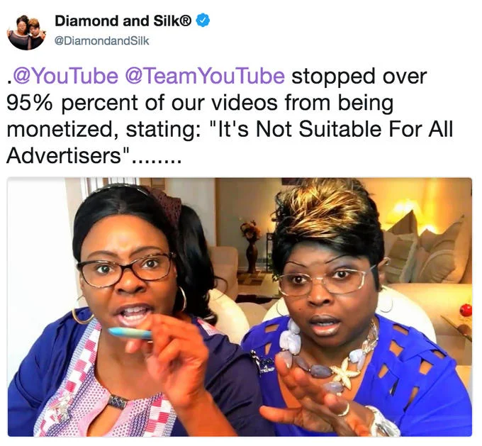 Diamond and Silk tweet screenshot about YouTube demonetization