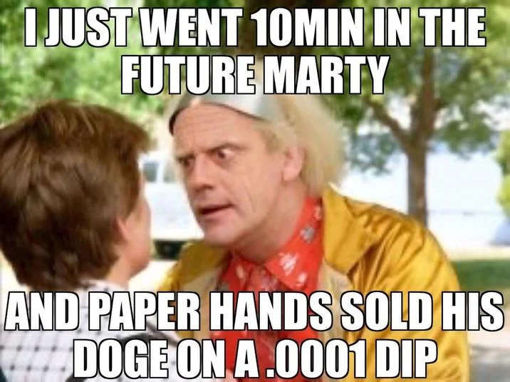 Diamond Hands — Back to the Future meme with text about paper hands selling Doge on small price dips using time travel humor.