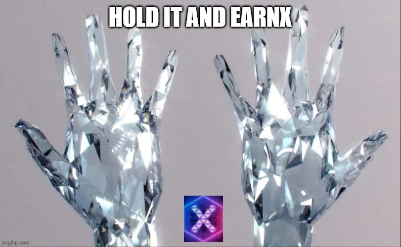 Crystalline diamond hands in powerful reaching gesture against gray background with 'HOLD IT AND EARN K' text and crypto overlay.