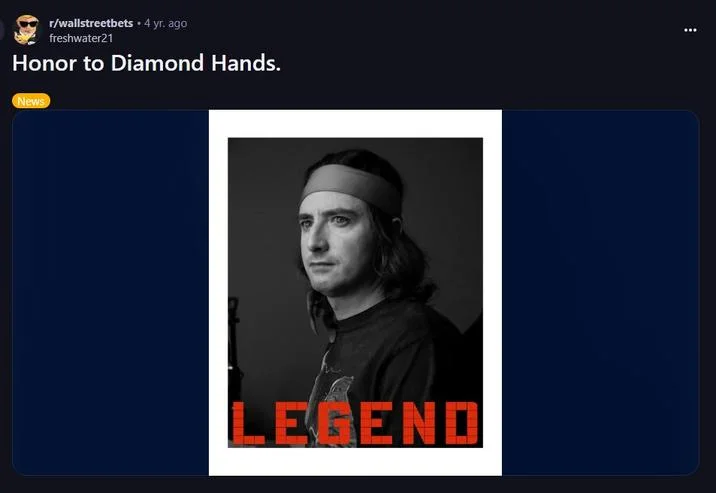 Screenshot of r/wallstreetbets post 'Honor to Diamond Hands' with black and white portrait labeled 'LEGEND'.
