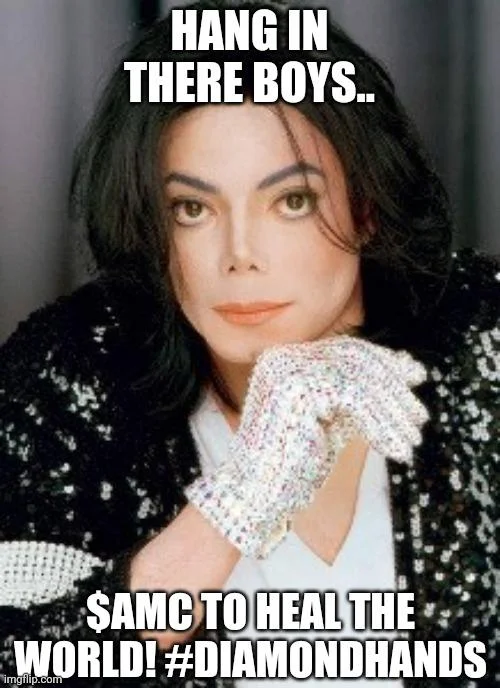 Diamond Hands — Michael Jackson wearing diamond-studded sparkly glove with text 'HANG IN THERE BOYS.. SAME TO HEAL THE WORLD! #DIAMONDHANDS'.