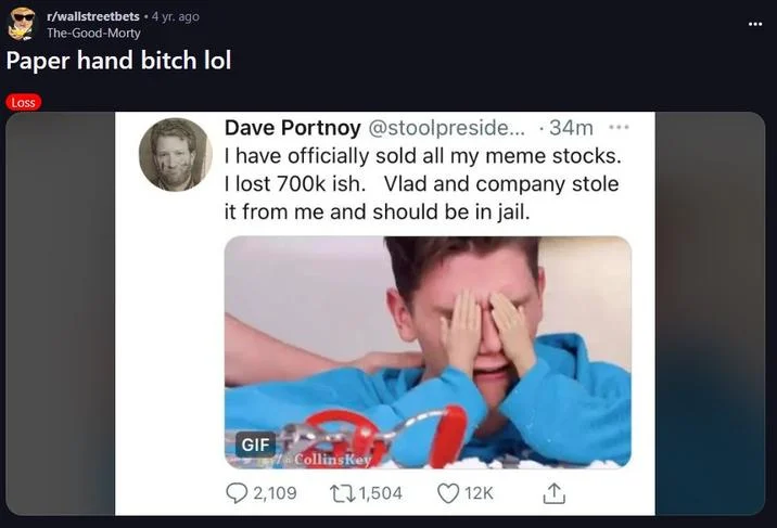 Diamond Hands — Screenshot of r/wallstreetbets post 'Paper hand bitch lol' showing tweet about someone losing $700k by selling position.