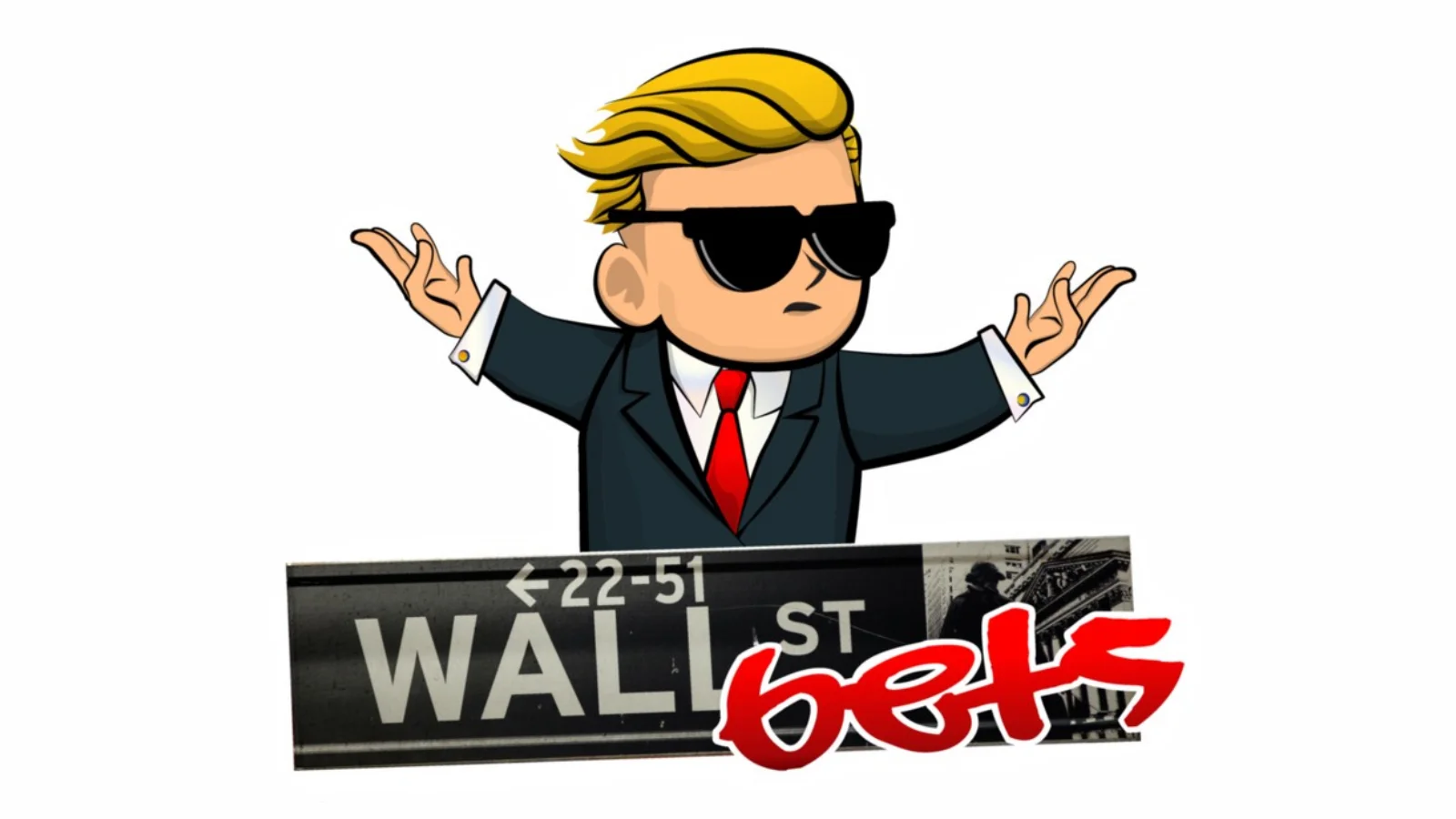 Diamond Hands — Cartoon illustration of blonde character in sunglasses and suit standing triumphantly on Wall Street sign labeled 'BERK'.