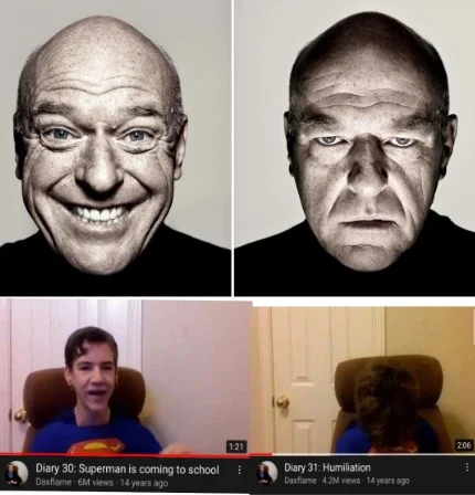 Diary 30: Superman Is Coming to School — Dean Norris smile-to-frown meme stacked above Daxflame Diary 30 and Diary 31 thumbnails.