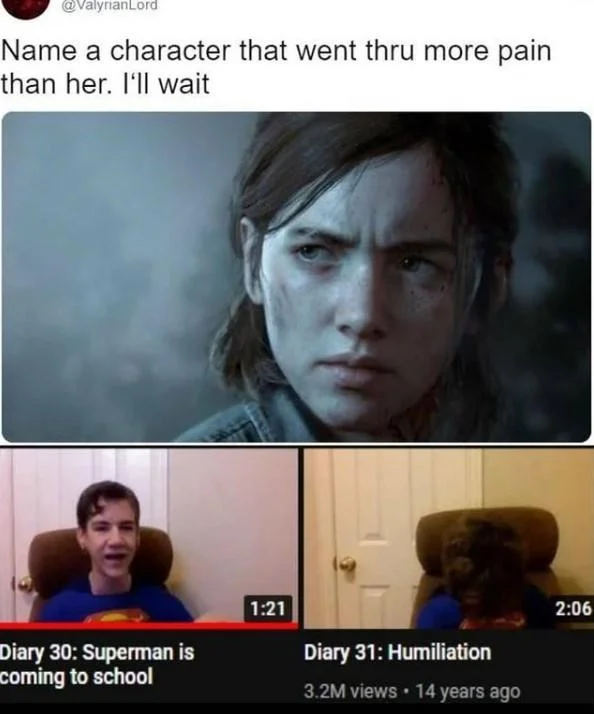 Diary 30: Superman Is Coming to School — Tweet asking who went through more pain than Ellie, answered with Diary 30 and Diary 31 Daxflame video thumbnails.