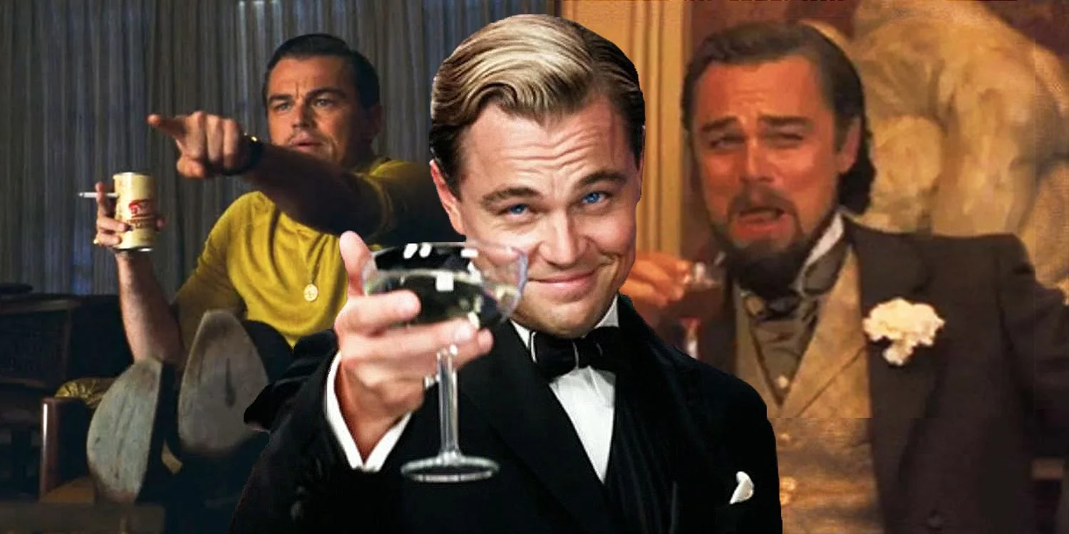 Leonardo DiCaprio Laughing — Cinematic composite blending three Leonardo DiCaprio scenes: pointing from Django, toasting from Gatsby, and laughing wine pose.