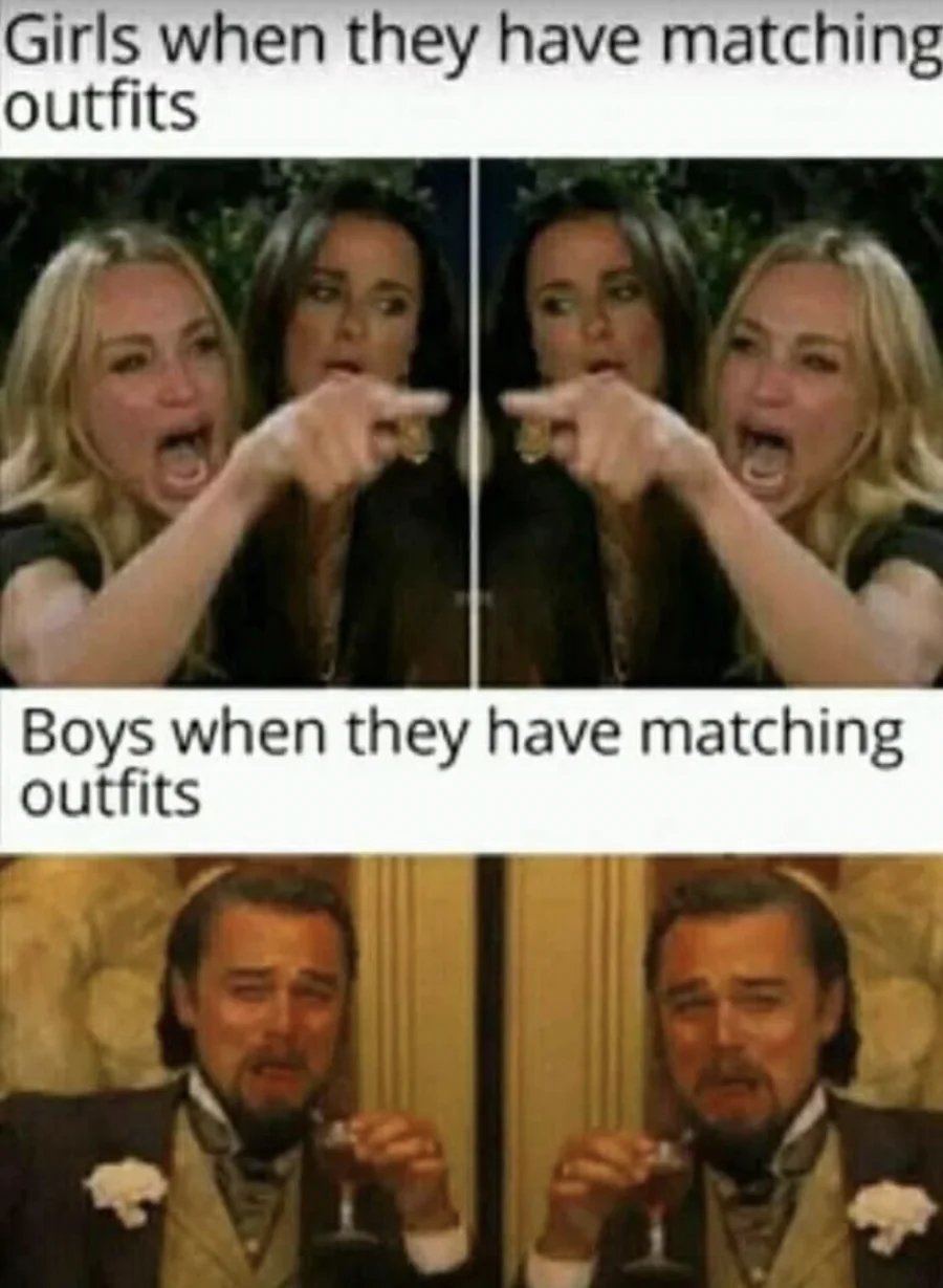 Leonardo DiCaprio Laughing — Two-part comparison meme showing Woman Yelling at Cat for girls and mirrored DiCaprio laughing poses for boys.