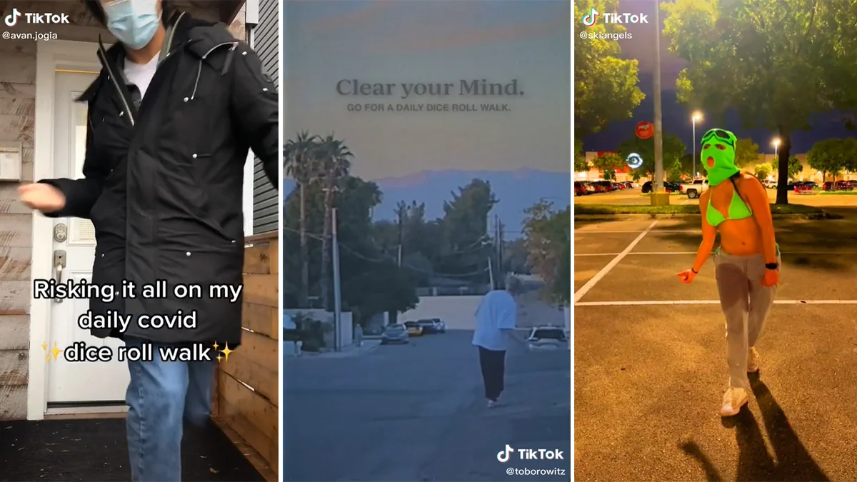 Three-panel TikTok collage of people taking a 'dice roll walk' during the COVID pandemic, including a masked person leaving home and another in a green ski