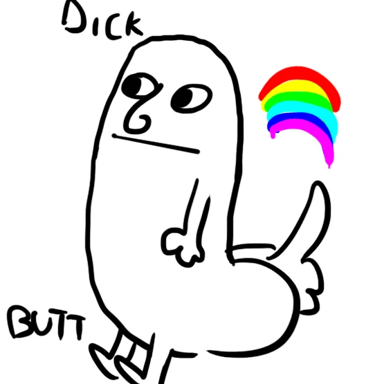 Hand-drawn Dick Butt character with text labels 'DICK' and 'BUTT' identifying body parts and rainbow vomiting element.