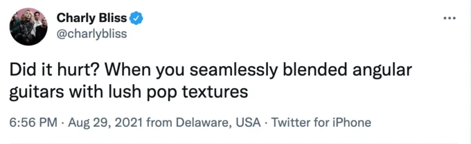 Did It Hurt When You Fell From Heaven — Twitter post from @charlybliss with snowclone about angular guitars and pop textures in music production.
