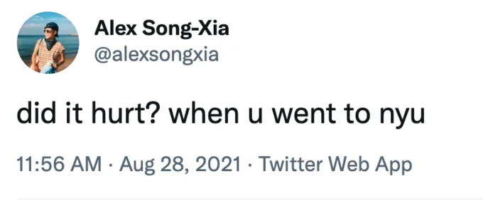 Did It Hurt When You Fell From Heaven — Twitter post from @alexsongxia with snowclone 'did it hurt? when u went to nyu' referencing specific place.