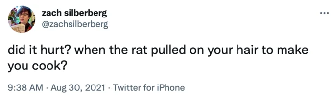Did It Hurt When You Fell From Heaven — Twitter post from @zachsilberberg with snowclone about rat pulling hair in Ratatouille cooking reference.