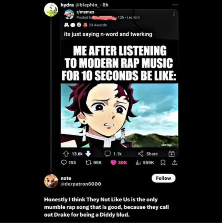 Dark-themed Twitter screenshot with anime reaction meme and cringe tweet about Drake as Diddy Blud from hip-hop feud.