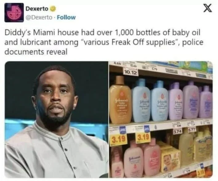 Diddy Memes — Twitter post showing Diddy photo and baby oil bottles with police document headline