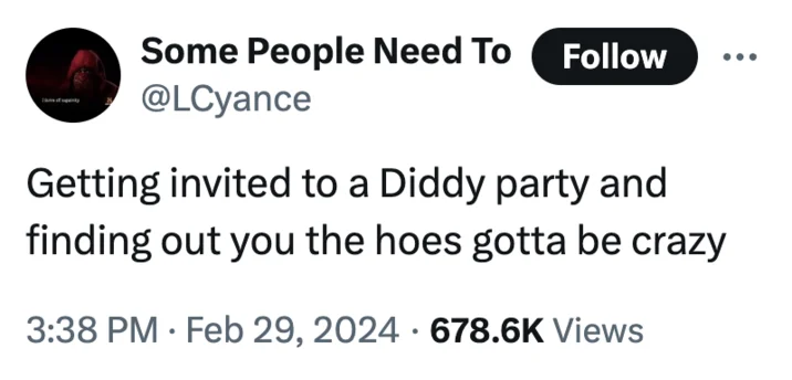 Diddy Memes — Twitter post joke about getting invited to Diddy party, 678K views