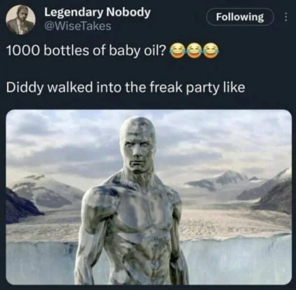 Diddy Memes — Twitter meme with pale statue image captioned Diddy walked into freak party like