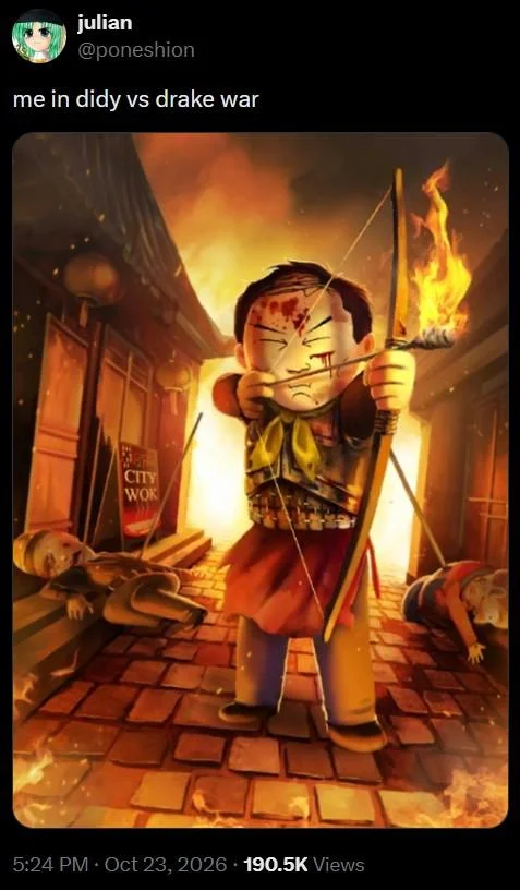 Twitter post 'me in didy vs drake war' showing a stylized archer in a burning city