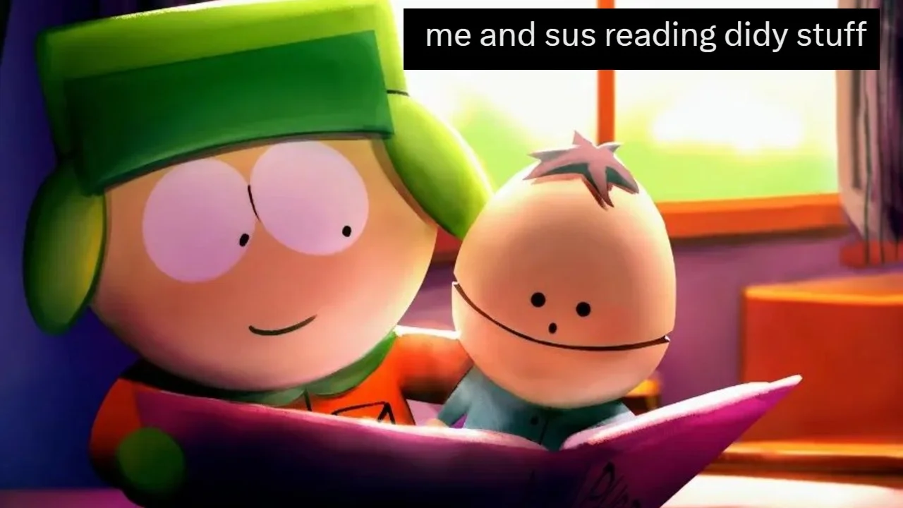 South Park characters Kyle and Ike reading a book with caption 'me and sus reading didy stuff'
